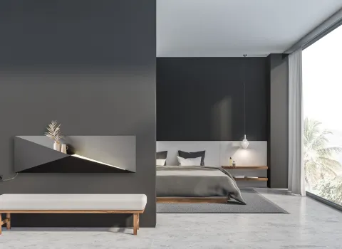 Designheizkörper Polygon von Bemm modernen grauen Schlafzimmer.